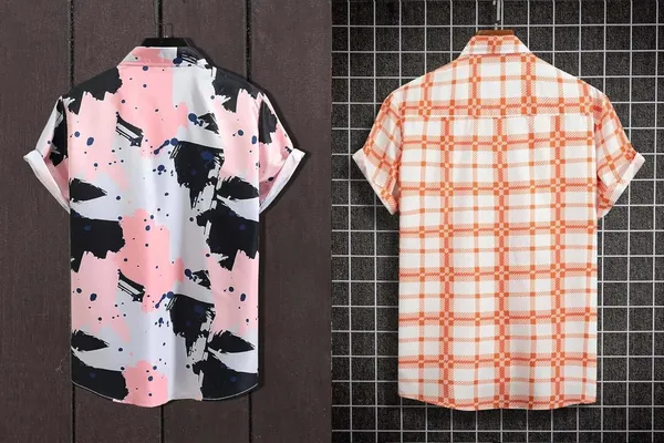 Rebelify_Men's_Lycra_Bland_Shirt_with_Half_Sleeves_Button_Down_Closure_Round_Collar_Neck_Printed_Pattern_Relaxed_Fit_and_Standard_Length_Pink,_Orange