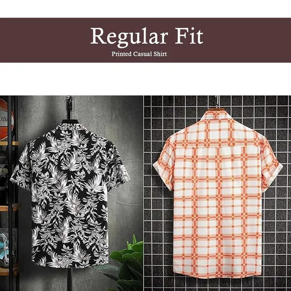 Rebelify_Men's_Lycra_Bland_Shirt_with_Half_Sleeves_Button_Down_Closure_Round_Collar_Neck_Printed_Pattern_Relaxed_Fit_and_Standard_Length_Black,_Orange