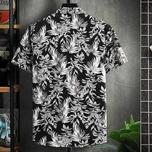 Rebelify_Men's_Lycra_Bland_Shirt_with_Half_Sleeves_Button_Down_Closure_Round_Collar_Neck_Printed_Pattern_Relaxed_Fit_and_Standard_Length_Black,_Orange