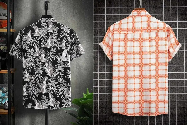 Rebelify_Men's_Lycra_Bland_Shirt_with_Half_Sleeves_Button_Down_Closure_Round_Collar_Neck_Printed_Pattern_Relaxed_Fit_and_Standard_Length_Black,_Orange