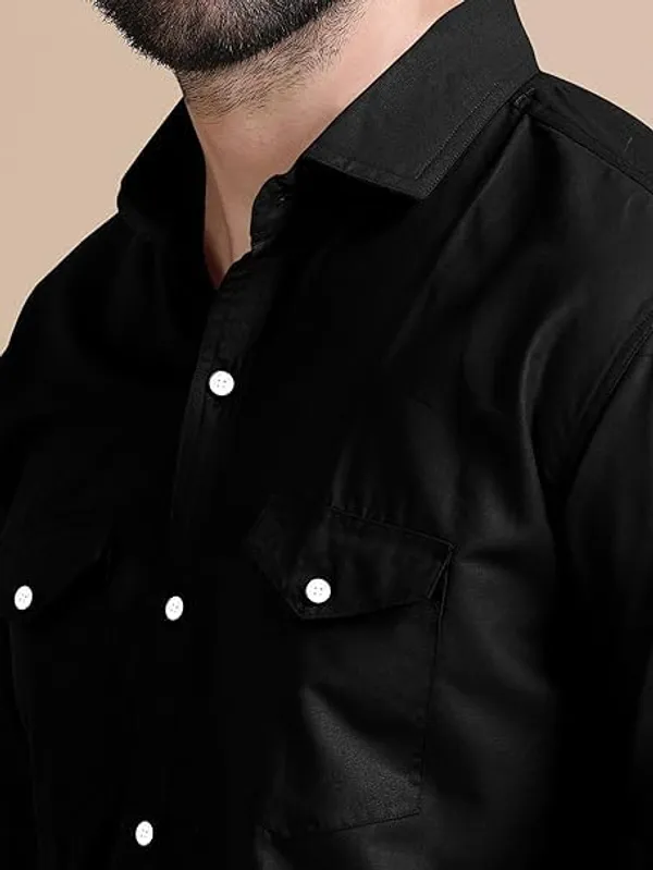 Rebelify_Men's_Double_Pocket_Shirt_�_Classic_Casual_Cotton_Blend_with_Adjustable_Cuffs_Black