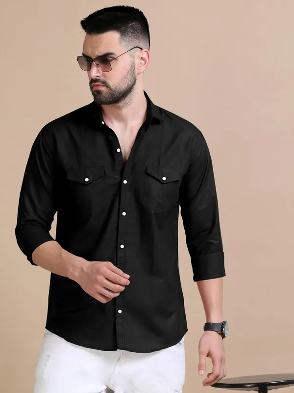 Rebelify_Men's_Double_Pocket_Shirt_�_Classic_Casual_Cotton_Blend_with_Adjustable_Cuffs_Black