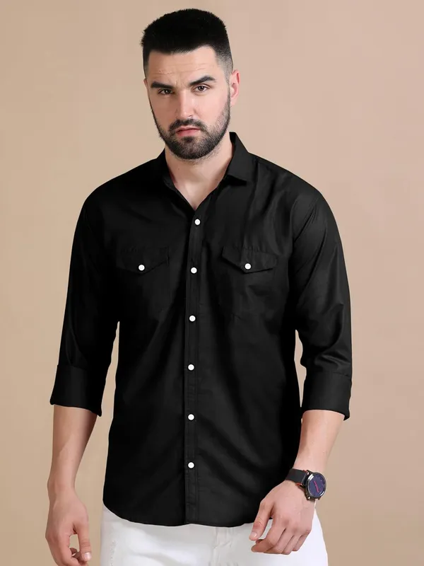 Rebelify_Men's_Double_Pocket_Shirt_�_Classic_Casual_Cotton_Blend_with_Adjustable_Cuffs_Black