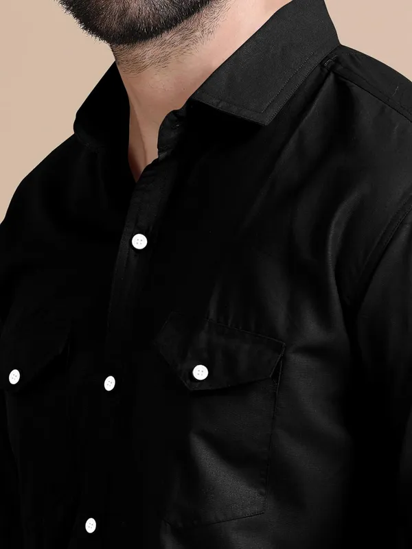 Rebelify_Men's_Double_Pocket_Shirt_�_Classic_Casual_Cotton_Blend_with_Adjustable_Cuffs_Black