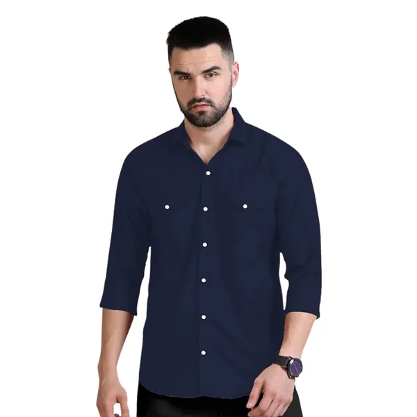 Rebelify_Men's_Double_Pocket_Shirt_�_Classic_Casual_Cotton_Blend_with_Adjustable_Cuffs_Blue