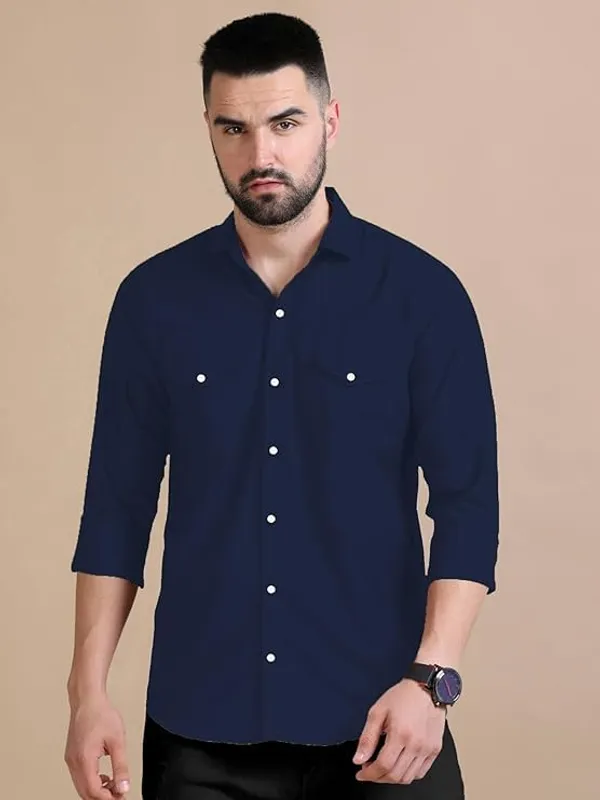 Rebelify_Men's_Double_Pocket_Shirt_�_Classic_Casual_Cotton_Blend_with_Adjustable_Cuffs_Blue