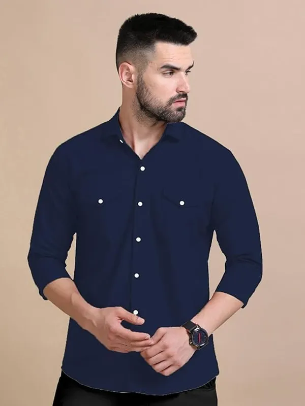 Rebelify_Men's_Double_Pocket_Shirt_�_Classic_Casual_Cotton_Blend_with_Adjustable_Cuffs_Blue