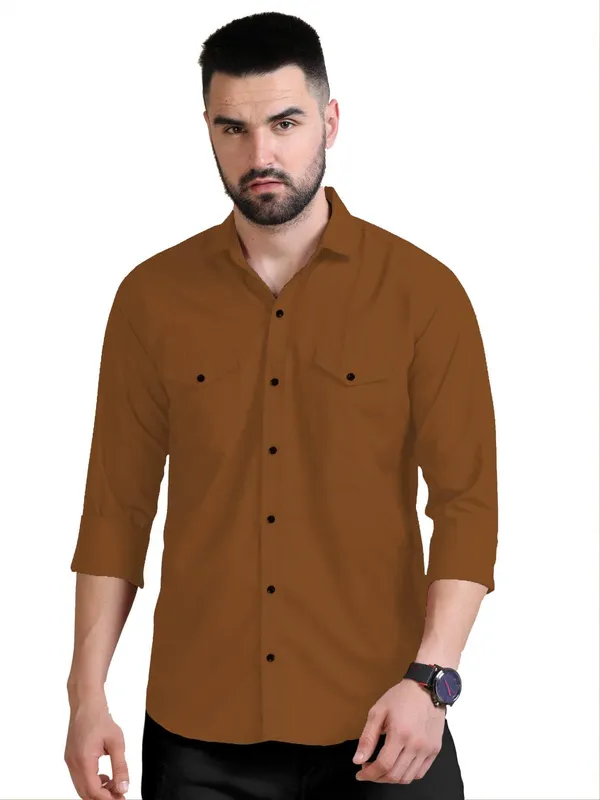 Rebelify_Men's_Double_Pocket_Shirt_�_Classic_Casual_Cotton_Blend_with_Adjustable_Cuffs_Brown