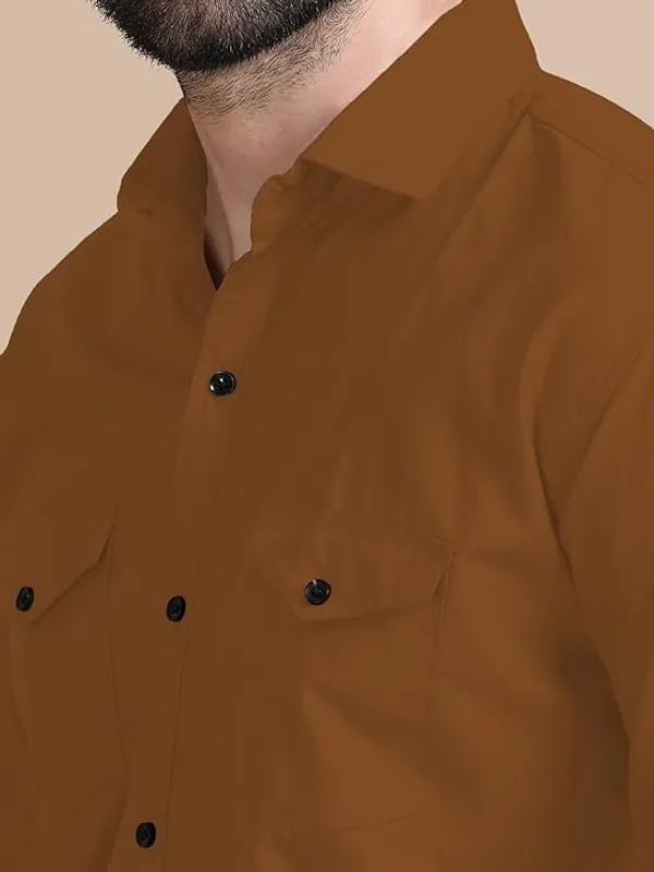 Rebelify_Men's_Double_Pocket_Shirt_�_Classic_Casual_Cotton_Blend_with_Adjustable_Cuffs_Brown