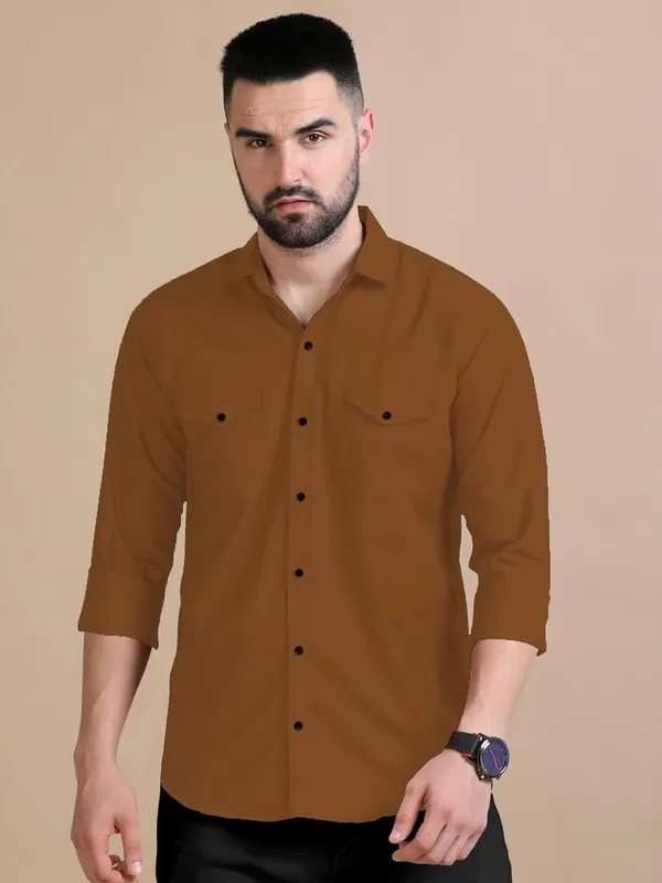 Rebelify_Men's_Double_Pocket_Shirt_�_Classic_Casual_Cotton_Blend_with_Adjustable_Cuffs_Brown