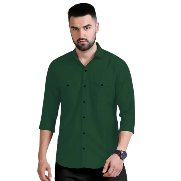 Rebelify_Men's_Double_Pocket_Shirt_�_Classic_Casual_Cotton_Blend_with_Adjustable_Cuffs_Bottle_Green