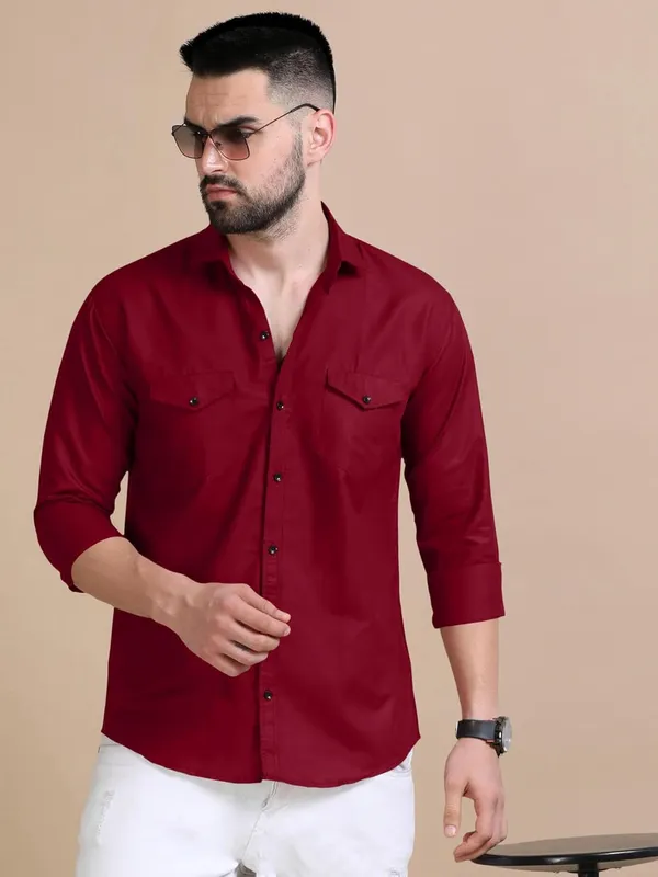 Rebelify_Men's_Cotton_Blend_Shirt_with_Pockets_Full_Sleeves_Collared_Neck_Solid_Pattern_Botton_Down_Closure_Relaxed_Fit_and_Standard_Length_Maroon