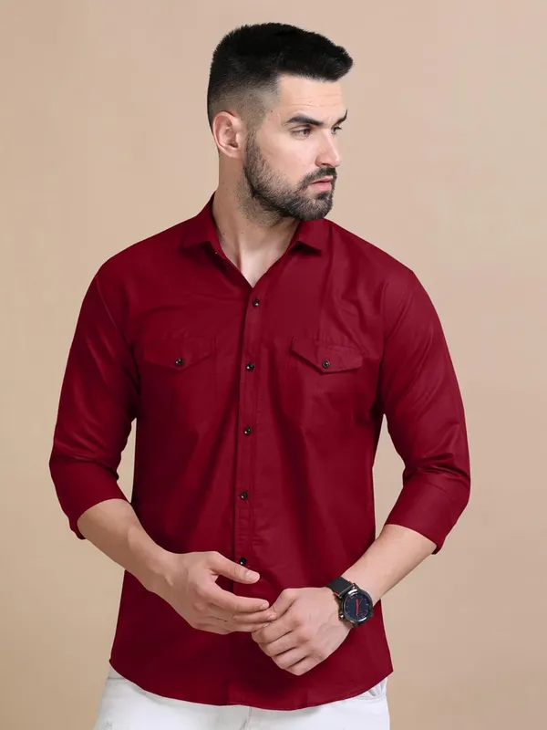 Rebelify_Men's_Cotton_Blend_Shirt_with_Pockets_Full_Sleeves_Collared_Neck_Solid_Pattern_Botton_Down_Closure_Relaxed_Fit_and_Standard_Length_Maroon