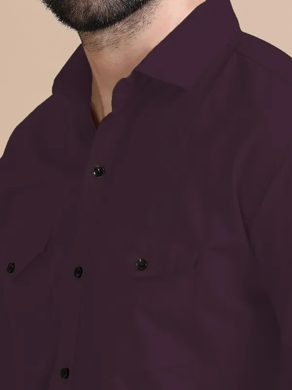 Rebelify_Men's_Double_Pocket_Shirt_�_Classic_Casual_Cotton_Blend_with_Adjustable_Cuffs_Purple