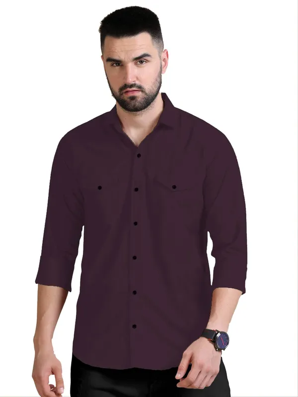 Rebelify_Men's_Double_Pocket_Shirt_�_Classic_Casual_Cotton_Blend_with_Adjustable_Cuffs_Purple