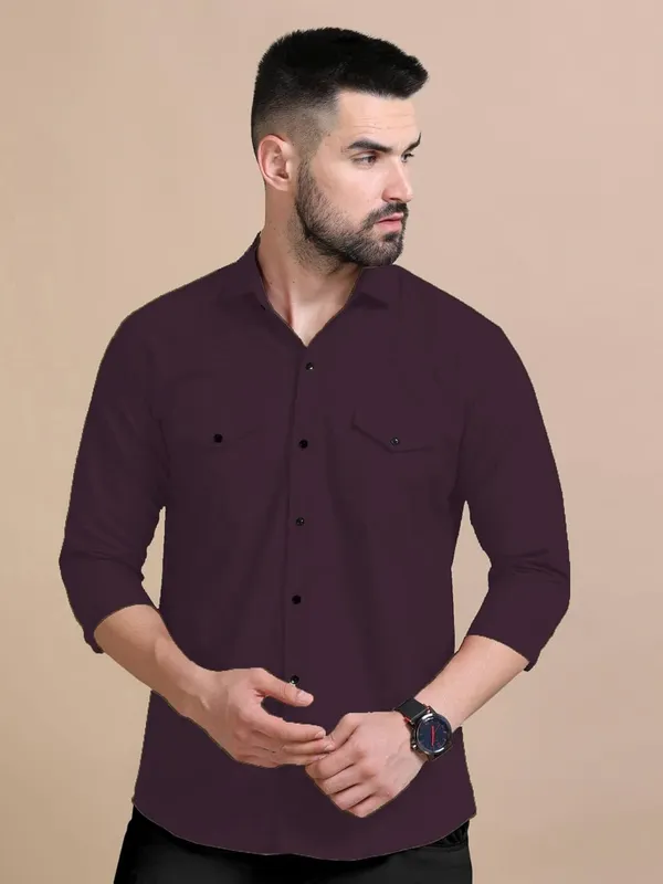 Rebelify_Men's_Double_Pocket_Shirt_�_Classic_Casual_Cotton_Blend_with_Adjustable_Cuffs_Purple