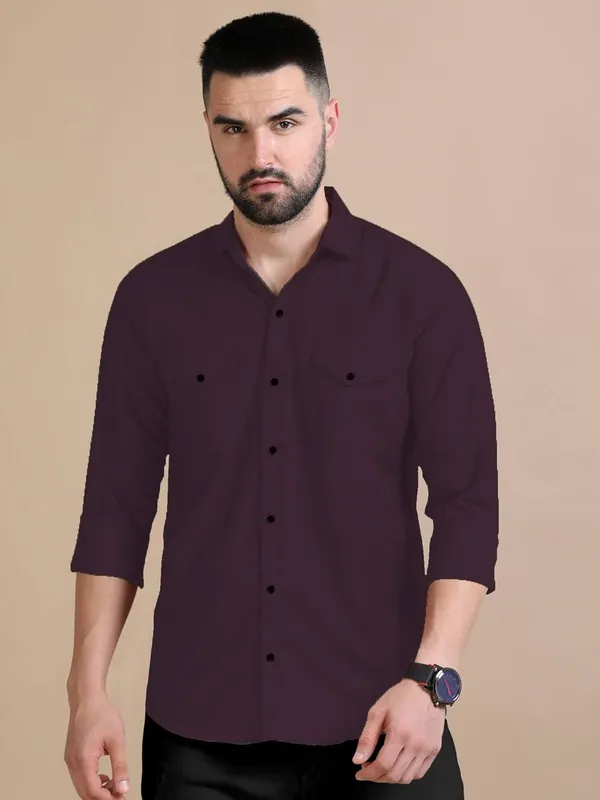 Rebelify_Men's_Double_Pocket_Shirt_�_Classic_Casual_Cotton_Blend_with_Adjustable_Cuffs_Purple