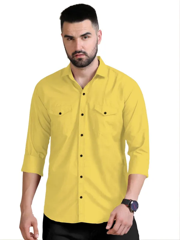 Rebelify_Men's_Double_Pocket_Shirt_�_Classic_Casual_Cotton_Blend_with_Adjustable_Cuffs_Yellow