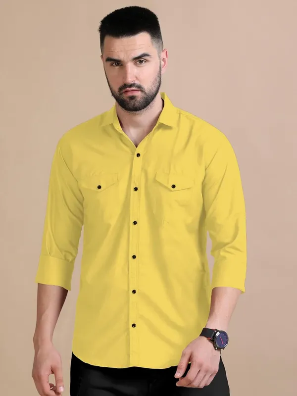 Rebelify_Men's_Double_Pocket_Shirt_�_Classic_Casual_Cotton_Blend_with_Adjustable_Cuffs_Yellow