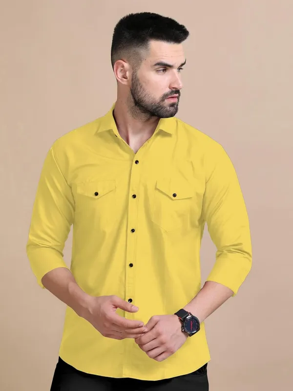 Rebelify_Men's_Double_Pocket_Shirt_�_Classic_Casual_Cotton_Blend_with_Adjustable_Cuffs_Yellow