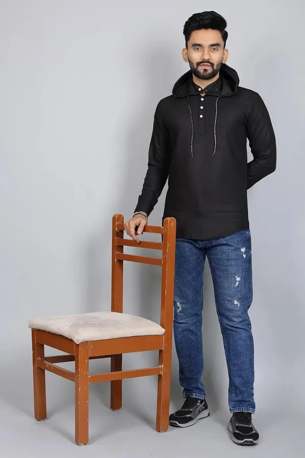 Rebelify_Men�s_Cotton_Blend_Regular_Fit_Solid_Casual_Shirt_with_Mandarin_Collar_&_Hoodie_Style_|_Full_Sleeve_Modern_Shirt_Black