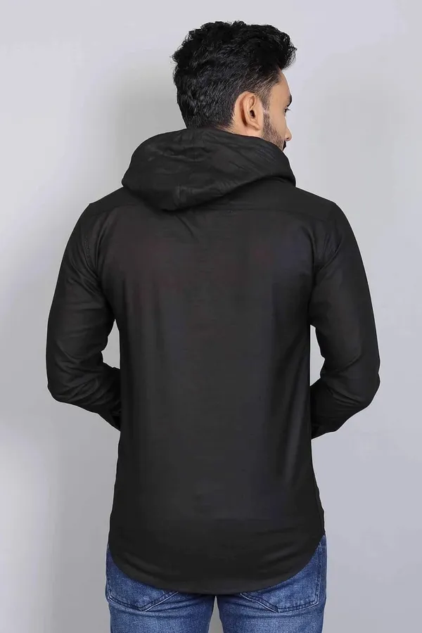 Rebelify_Men�s_Cotton_Blend_Regular_Fit_Solid_Casual_Shirt_with_Mandarin_Collar_&_Hoodie_Style_|_Full_Sleeve_Modern_Shirt_Black