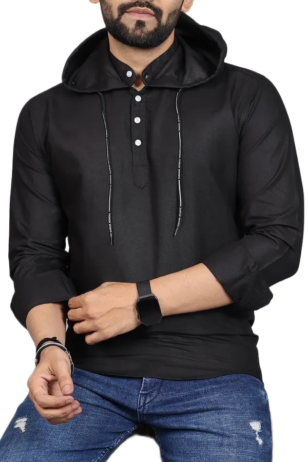 Rebelify_Men�s_Cotton_Blend_Regular_Fit_Solid_Casual_Shirt_with_Mandarin_Collar_&_Hoodie_Style_|_Full_Sleeve_Modern_Shirt_Black