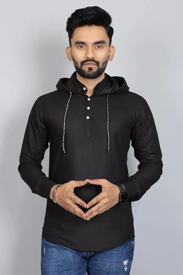 Rebelify_Men�s_Cotton_Blend_Regular_Fit_Solid_Casual_Shirt_with_Mandarin_Collar_&_Hoodie_Style_|_Full_Sleeve_Modern_Shirt_Black