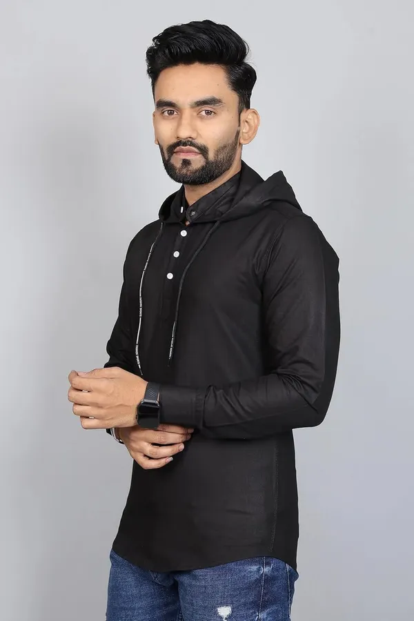 Rebelify_Men�s_Cotton_Blend_Regular_Fit_Solid_Casual_Shirt_with_Mandarin_Collar_&_Hoodie_Style_|_Full_Sleeve_Modern_Shirt_Black