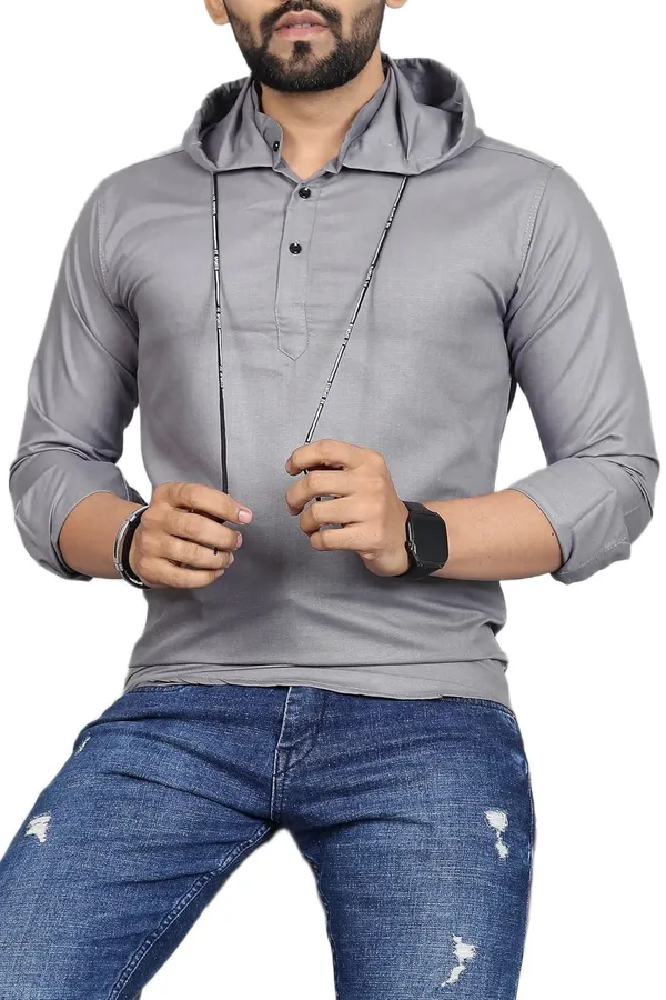 Rebelify_Men�s_Cotton_Blend_Regular_Fit_Solid_Casual_Shirt_with_Mandarin_Collar_&_Hoodie_Style_|_Full_Sleeve_Modern_Shirt_Grey