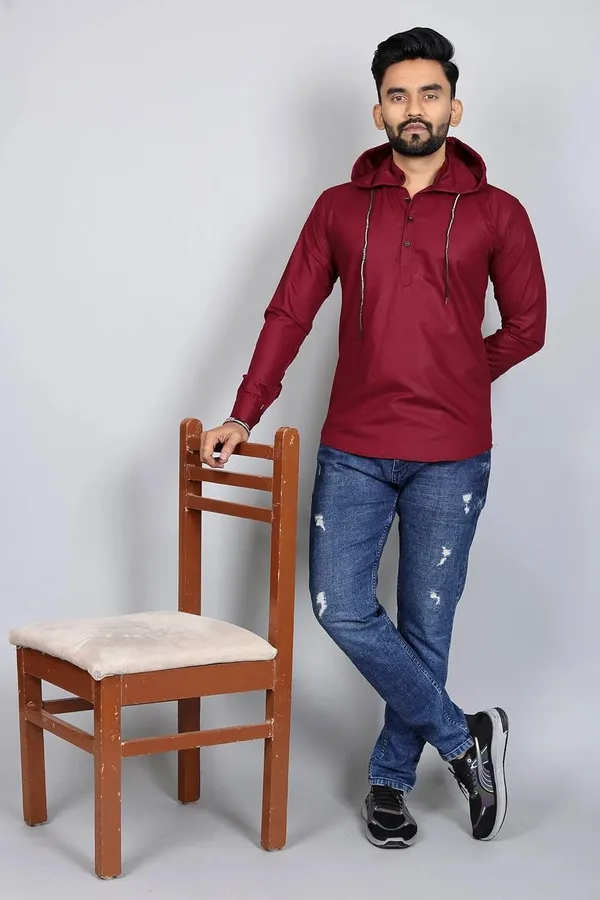 Rebelify_Men�s_Cotton_Blend_Regular_Fit_Solid_Casual_Shirt_with_Mandarin_Collar_&_Hoodie_Style_|_Full_Sleeve_Modern_Shirt_Maroon