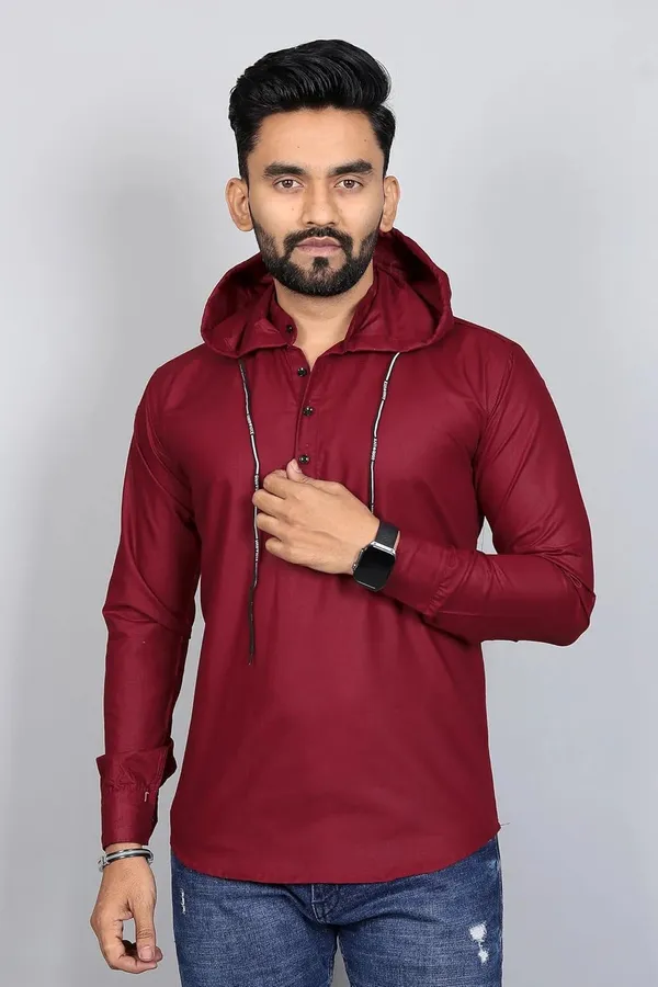 Rebelify_Men�s_Cotton_Blend_Regular_Fit_Solid_Casual_Shirt_with_Mandarin_Collar_&_Hoodie_Style_|_Full_Sleeve_Modern_Shirt_Maroon