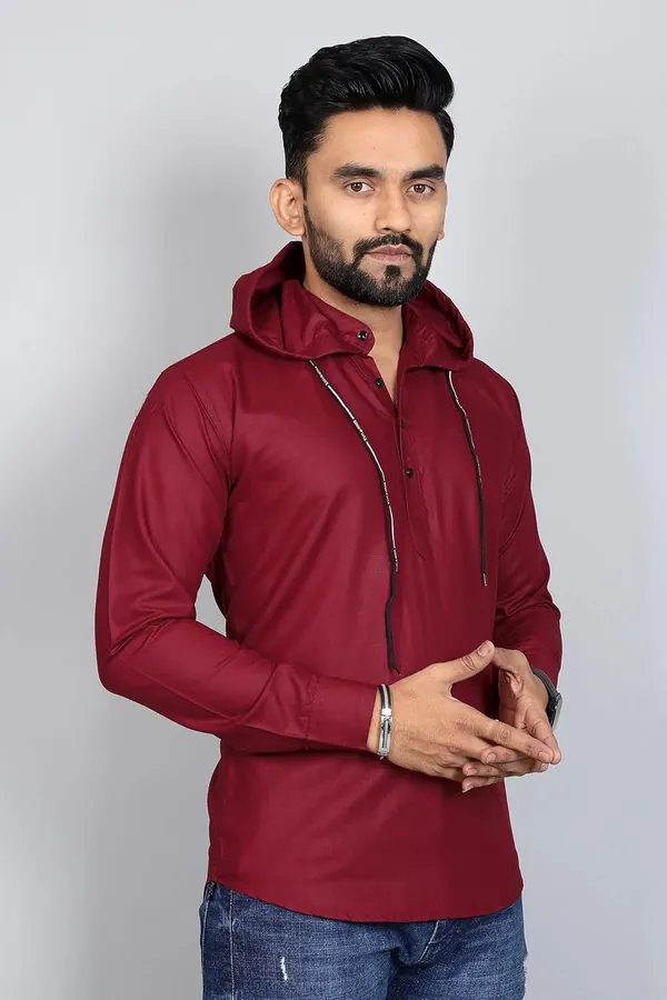 Rebelify_Men�s_Cotton_Blend_Regular_Fit_Solid_Casual_Shirt_with_Mandarin_Collar_&_Hoodie_Style_|_Full_Sleeve_Modern_Shirt_Maroon