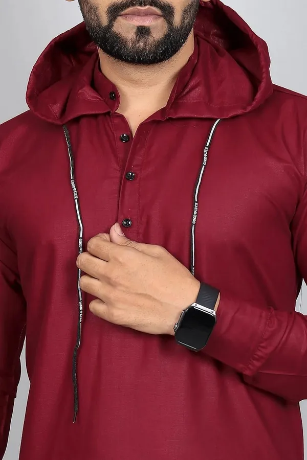 Rebelify_Men�s_Cotton_Blend_Regular_Fit_Solid_Casual_Shirt_with_Mandarin_Collar_&_Hoodie_Style_|_Full_Sleeve_Modern_Shirt_Maroon