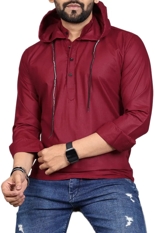Rebelify_Men�s_Cotton_Blend_Regular_Fit_Solid_Casual_Shirt_with_Mandarin_Collar_&_Hoodie_Style_|_Full_Sleeve_Modern_Shirt_Maroon