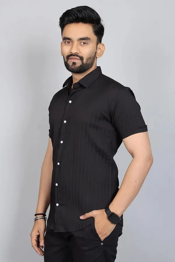 Rebelify_Men�s_Self-Design_Cotton_Blend_Half_Sleeve_Casual_Shirt,_Stylish_Spread_Collar_Plain_Shirt_for_Office_&_Outings_Black