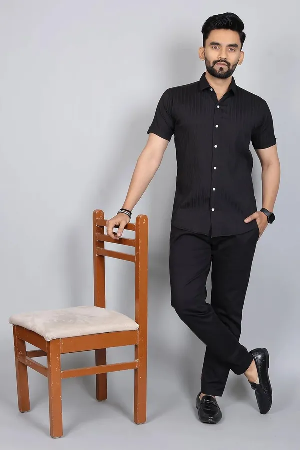Rebelify_Men�s_Self-Design_Cotton_Blend_Half_Sleeve_Casual_Shirt,_Stylish_Spread_Collar_Plain_Shirt_for_Office_&_Outings_Black