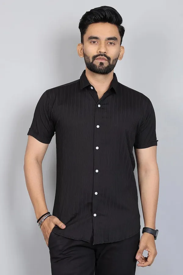 Rebelify_Men�s_Self-Design_Cotton_Blend_Half_Sleeve_Casual_Shirt,_Stylish_Spread_Collar_Plain_Shirt_for_Office_&_Outings_Black