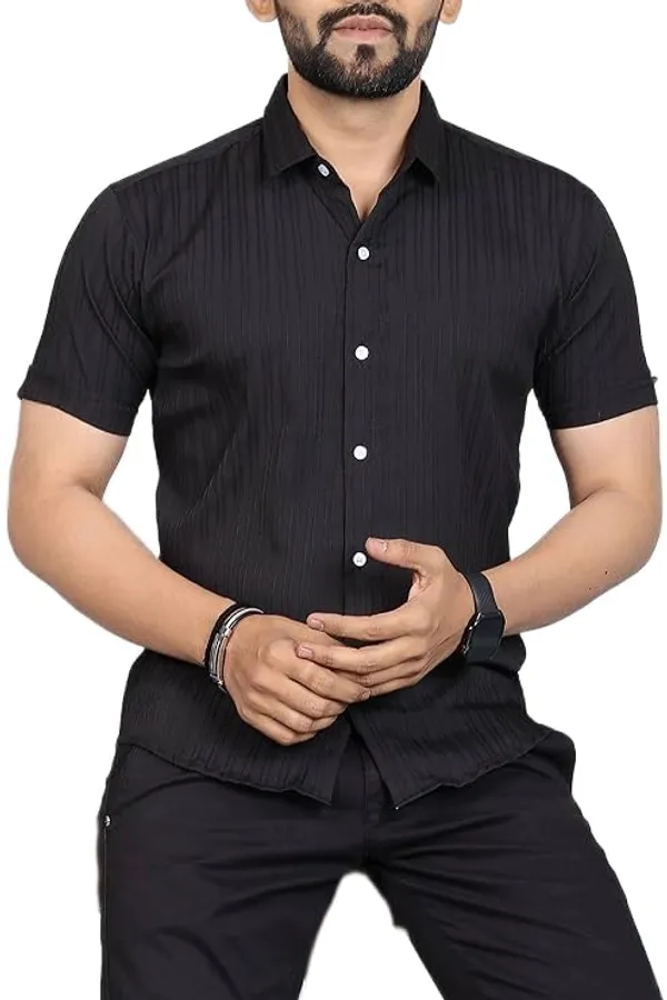 Rebelify_Men�s_Self-Design_Cotton_Blend_Half_Sleeve_Casual_Shirt,_Stylish_Spread_Collar_Plain_Shirt_for_Office_&_Outings_Black