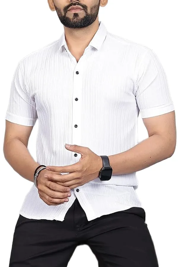 Rebelify_Men�s_Self-Design_Cotton_Blend_Half_Sleeve_Casual_Shirt,_Stylish_Spread_Collar_Plain_Shirt_for_Office_&_Outings_White