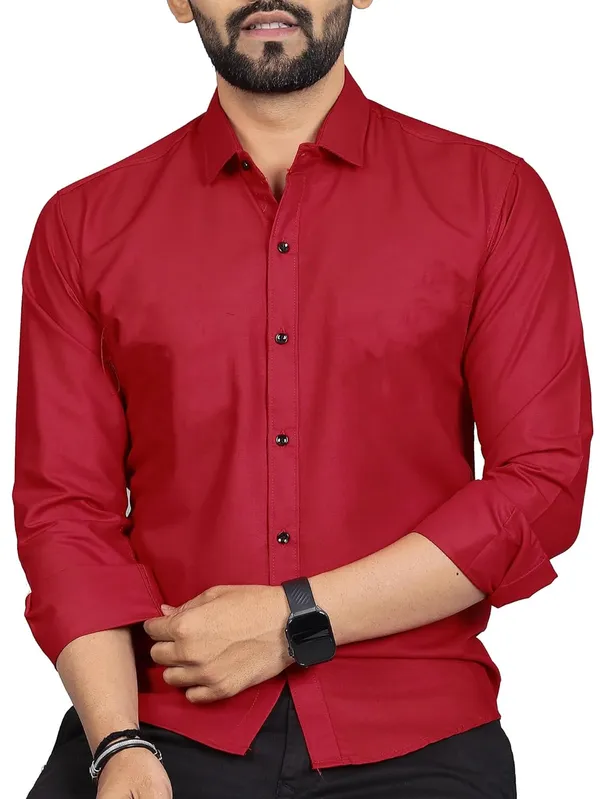 Rebelify_Men�s_Cotton_Blend_Regular_Fit_Solid_Casual_Shirt,_Spread_Collar_Full_Sleeve_Shirt_for_Men_Stylish_Office_Red