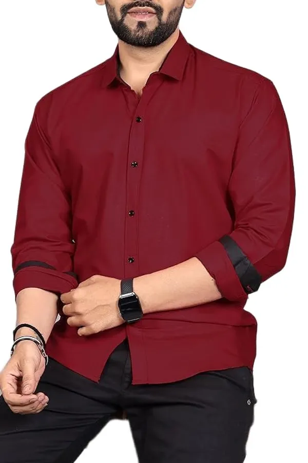 Rebelify_Men�s_Cotton_Blend_Regular_Fit_Solid_Spread_Collar_Casual_Shirt_with_Full_Sleeves,_Ideal_and_Office_Use_Maroon