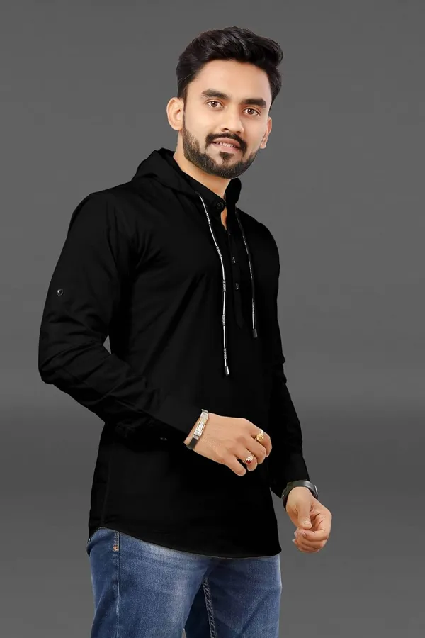 Rebelify_Men�s_Cotton_Blend_Regular_Fit_Mandarin_Collar_Casual_Kurta_Shirt_with_Hooded_Design,_Full_Sleeves_Black