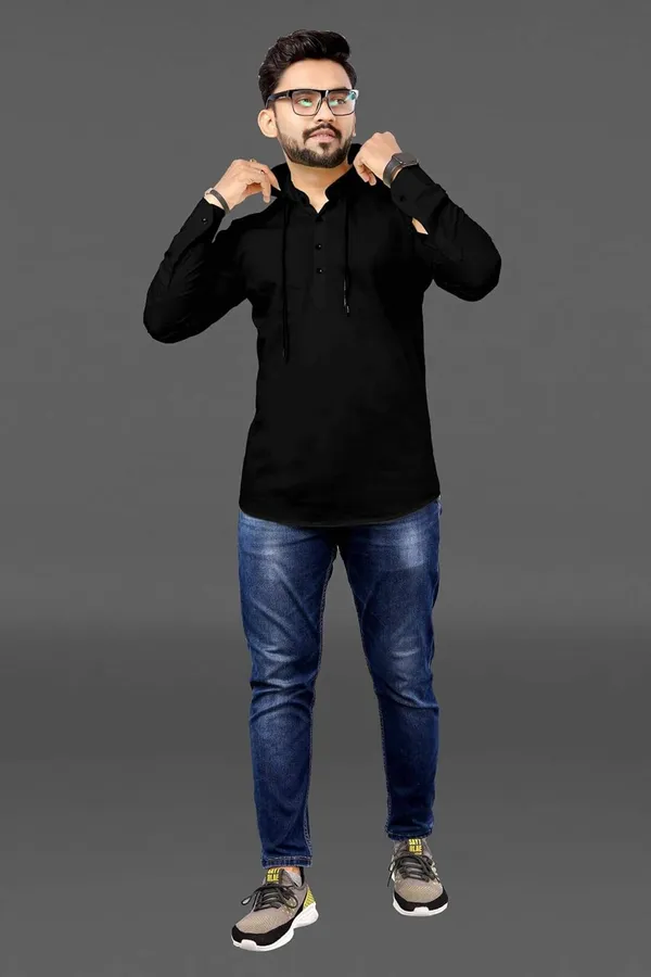 Rebelify_Men�s_Cotton_Blend_Regular_Fit_Mandarin_Collar_Casual_Kurta_Shirt_with_Hooded_Design,_Full_Sleeves_Black
