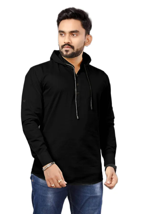 Rebelify_Men�s_Cotton_Blend_Regular_Fit_Mandarin_Collar_Casual_Kurta_Shirt_with_Hooded_Design,_Full_Sleeves_Black