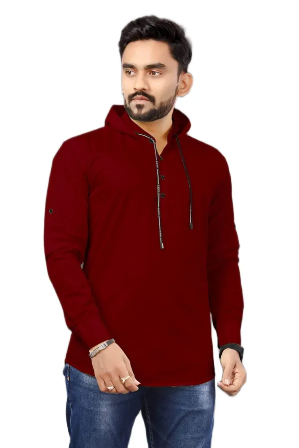 Rebelify_Men�s_Cotton_Blend_Regular_Fit_Mandarin_Collar_Casual_Kurta_Shirt_with_Hooded_Design,_Full_Sleeves_Maroon