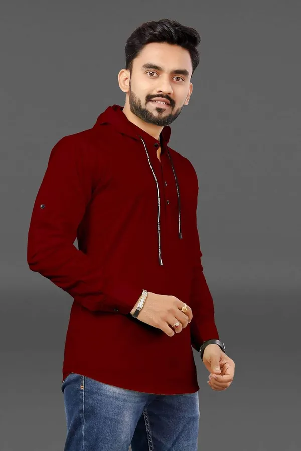 Rebelify_Men�s_Cotton_Blend_Regular_Fit_Mandarin_Collar_Casual_Kurta_Shirt_with_Hooded_Design,_Full_Sleeves_Maroon