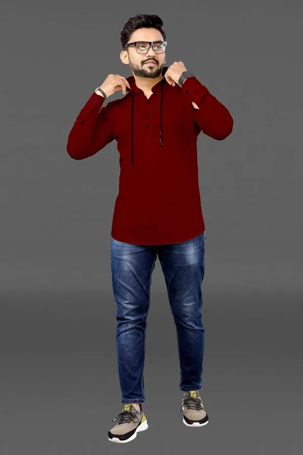 Rebelify_Men�s_Cotton_Blend_Regular_Fit_Mandarin_Collar_Casual_Kurta_Shirt_with_Hooded_Design,_Full_Sleeves_Maroon