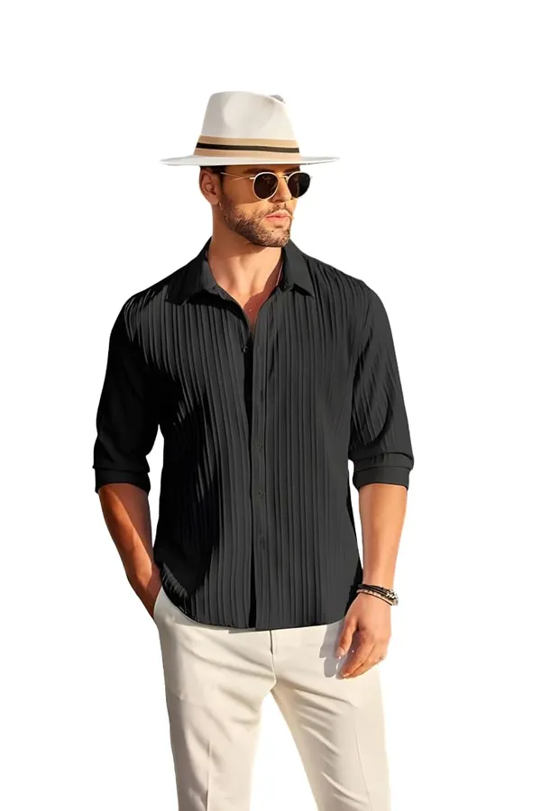 Rebelify_Men�s_Cotton_Blend_Regular_Fit_Self_Design_Casual_Shirt,_Spread_Collar_Full_Sleeve_Shirt_for_Men_Stylish_Black