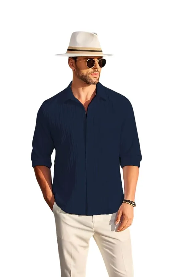 Rebelify_Men�s_Cotton_Blend_Regular_Fit_Self_Design_Casual_Shirt,_Spread_Collar_Full_Sleeve_Shirt_for_Men_Stylish_Blue